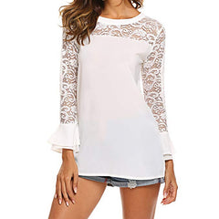 Pullover Lace O-neck Tunic Long Sleeve Ruffle Women Blouse Shirt