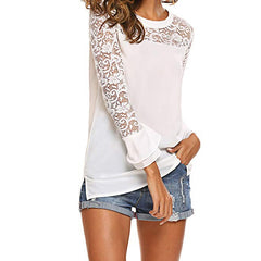 Pullover Lace O-neck Tunic Long Sleeve Ruffle Women Blouse Shirt