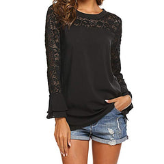 Pullover Lace O-neck Tunic Long Sleeve Ruffle Women Blouse Shirt