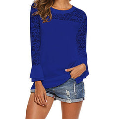 Pullover Lace O-neck Tunic Long Sleeve Ruffle Women Blouse Shirt