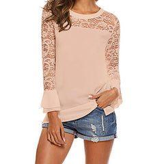 Pullover Lace O-neck Tunic Long Sleeve Ruffle Women Blouse Shirt