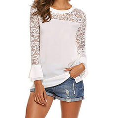 Pullover Lace O-neck Tunic Long Sleeve Ruffle Women Blouse Shirt