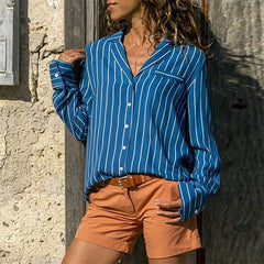 Striped Long Sleeves Turn Down Collar Women Blouse Shirt