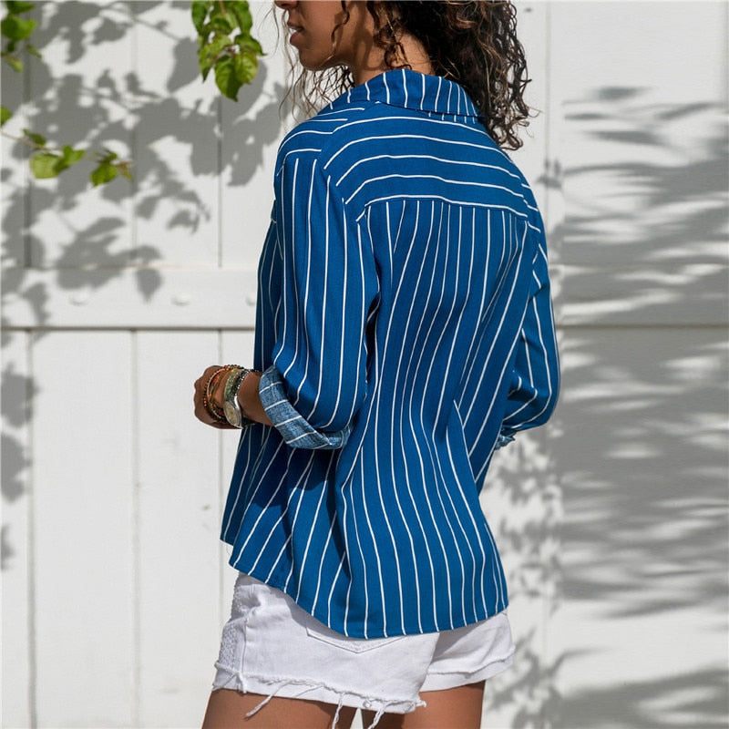 Striped Long Sleeves Turn Down Collar Women Blouse Shirt