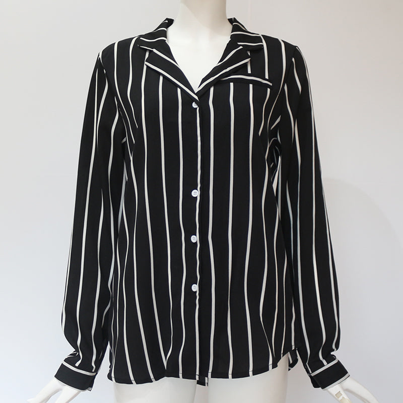Striped Long Sleeves Turn Down Collar Women Blouse Shirt