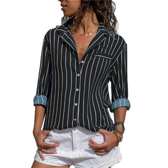 Striped Long Sleeves Turn Down Collar Women Blouse Shirt