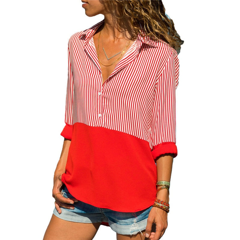 Striped Long Sleeve Turn Down Collar Women Blouse Shirt