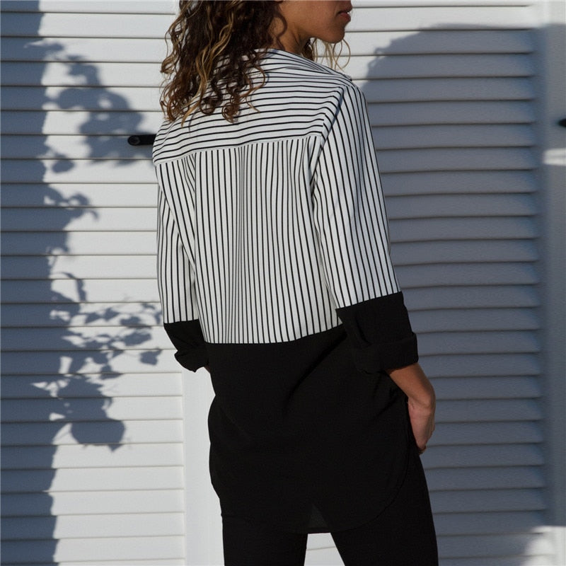 Striped Long Sleeve Turn Down Collar Women Blouse Shirt