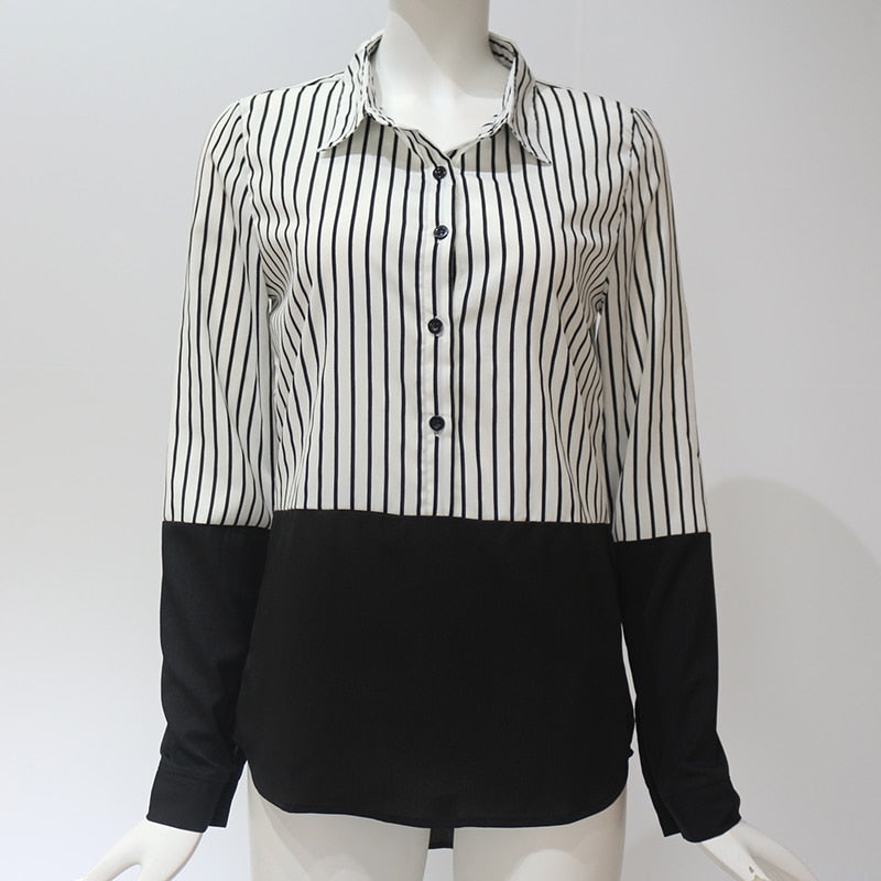 Striped Long Sleeve Turn Down Collar Women Blouse Shirt