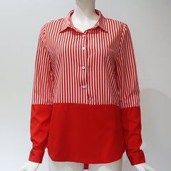 Striped Long Sleeve Turn Down Collar Women Blouse Shirt