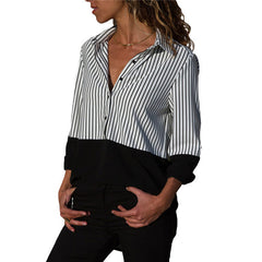 Striped Long Sleeve Turn Down Collar Women Blouse Shirt