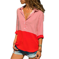 Striped Long Sleeve Turn Down Collar Women Blouse Shirt