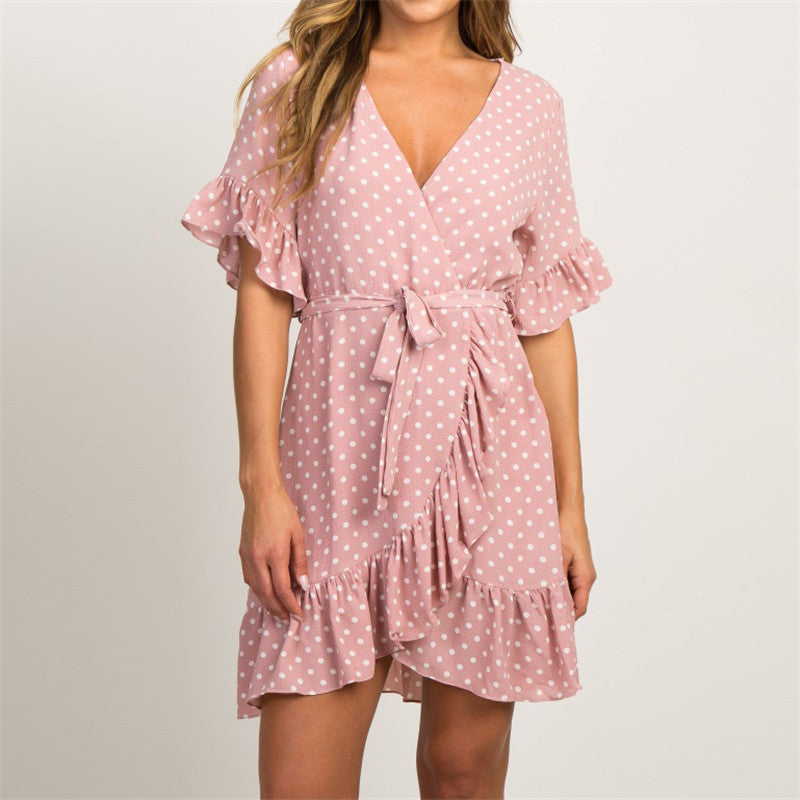 Polka Dot Short Sleeve V-neck Women Dress