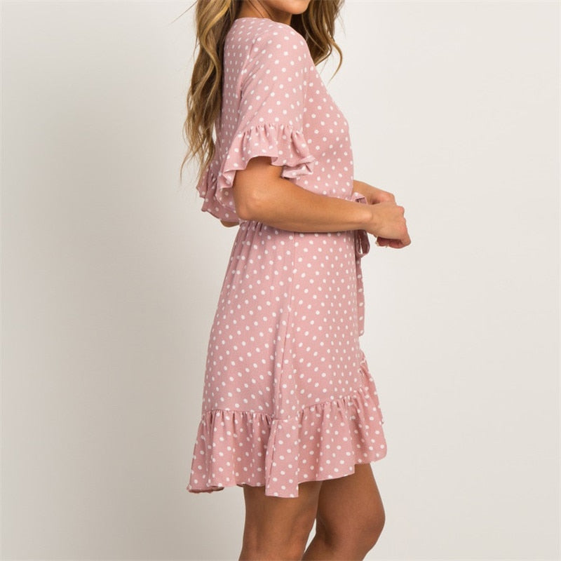 Polka Dot Short Sleeve V-neck Women Dress