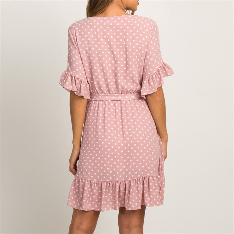 Polka Dot Short Sleeve V-neck Women Dress
