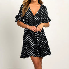 Polka Dot Short Sleeve V-neck Women Dress