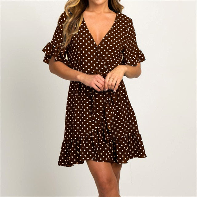 Polka Dot Short Sleeve V-neck Women Dress