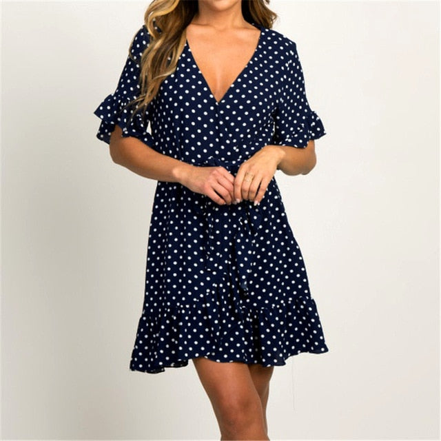 Polka Dot Short Sleeve V-neck Women Dress
