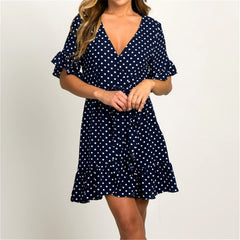 Polka Dot Short Sleeve V-neck Women Dress
