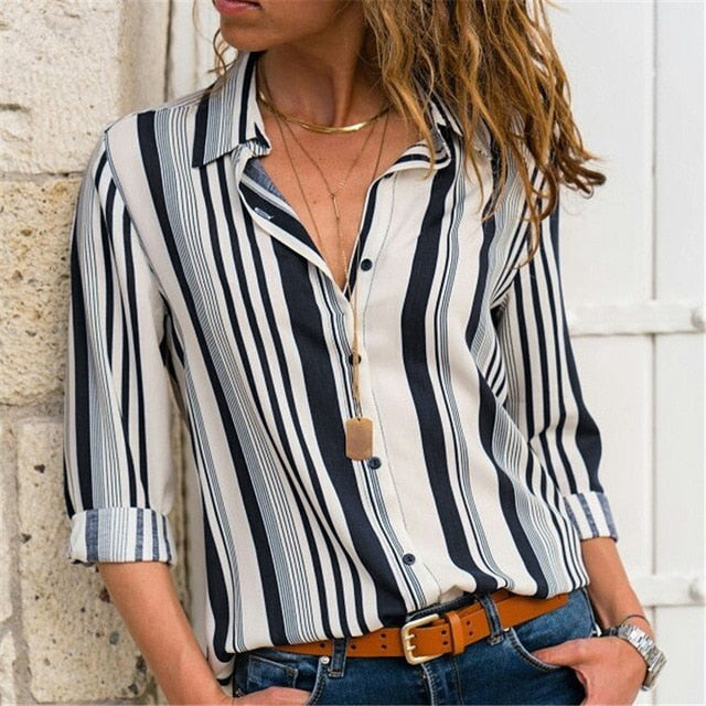 Striped Long Sleeve Turn Down Collar Women Blouse Shirt