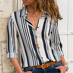 Striped Long Sleeve Turn Down Collar Women Blouse Shirt