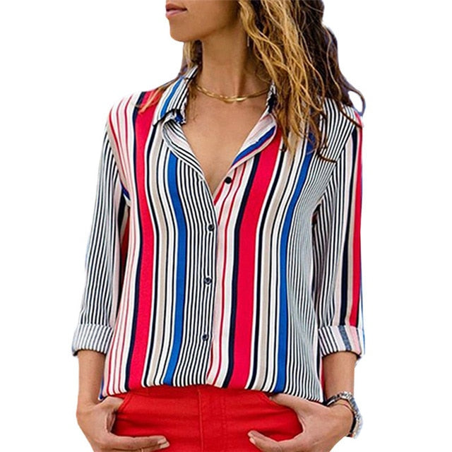 Striped Long Sleeve Turn Down Collar Women Blouse Shirt