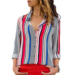 Striped Long Sleeve Turn Down Collar Women Blouse Shirt