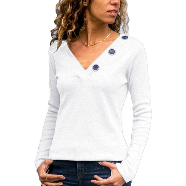 Knitted Long Sleeve V Neck Women Blouse Shirt