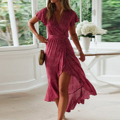 Floral Print Short Sleeve Long Ruffles Women Dress