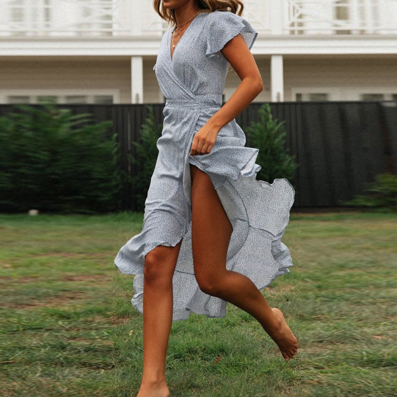 Floral Print Short Sleeve Long Ruffles Women Dress