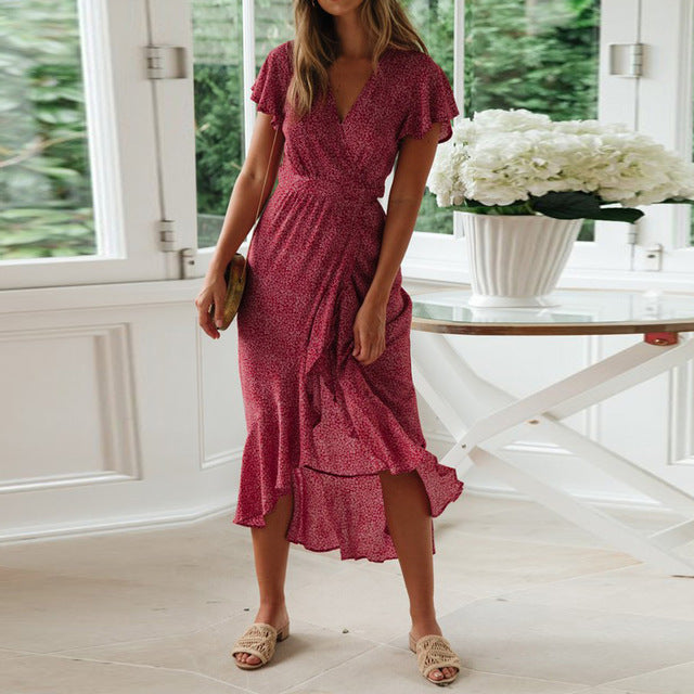 Floral Print Short Sleeve Long Ruffles Women Dress