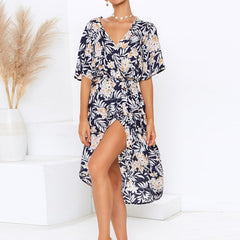 Floral Print V-neck Split Women Dress