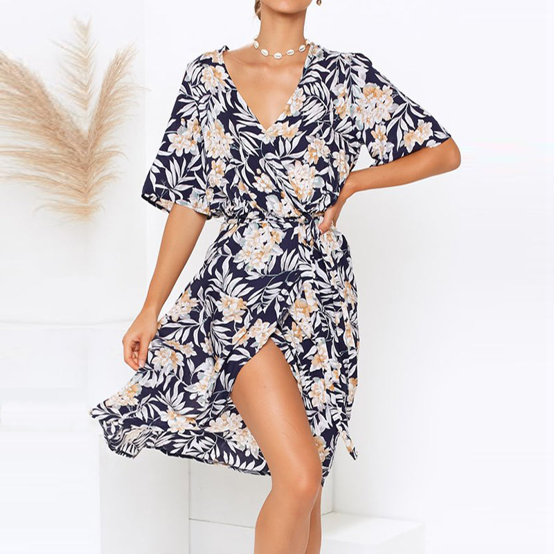 Floral Print V-neck Split Women Dress