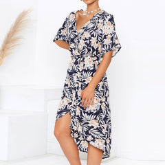 Floral Print V-neck Split Women Dress
