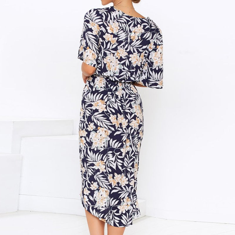 Floral Print V-neck Split Women Dress