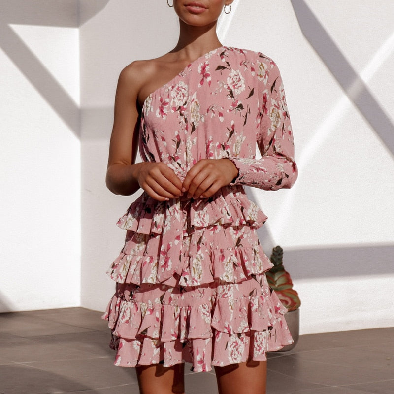 Floral Print Long Sleeve One Shoulder Ruffles Women Dress
