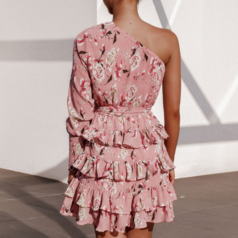 Floral Print Long Sleeve One Shoulder Ruffles Women Dress
