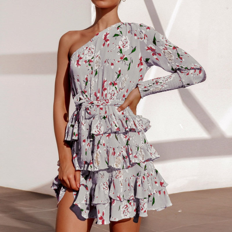 Floral Print Long Sleeve One Shoulder Ruffles Women Dress