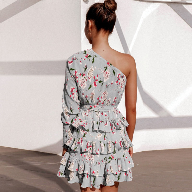 Floral Print Long Sleeve One Shoulder Ruffles Women Dress