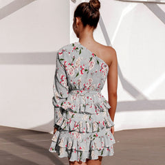 Floral Print Long Sleeve One Shoulder Ruffles Women Dress