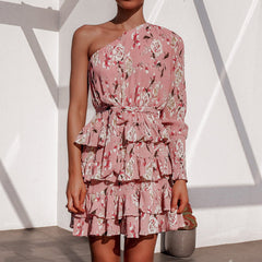 Floral Print Long Sleeve One Shoulder Ruffles Women Dress