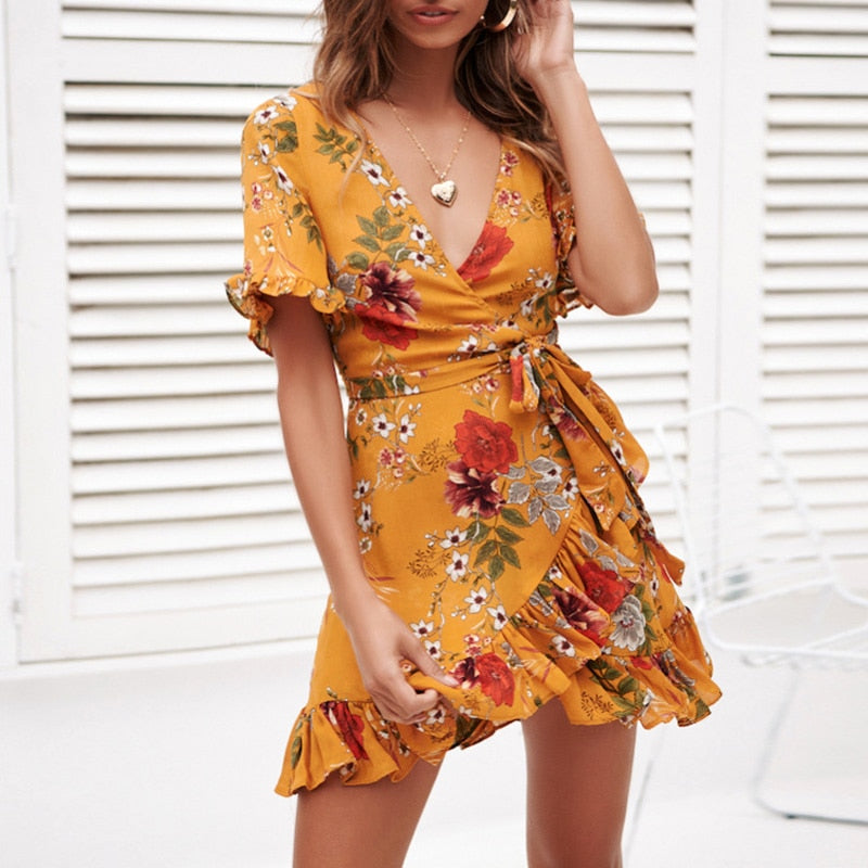 Sexy Floral Print Dress V Neck Women Dress