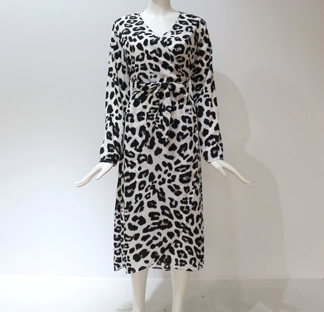 Long Sleeve Deep V-neck Leopard Dress