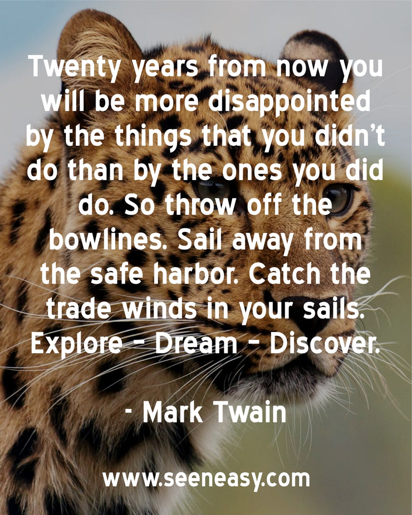 Twenty years from now you will be more disappointed by the things that you didn’t do than by the ones you did do. So throw off the bowlines. Sail away from the safe harbor. Catch the trade winds in your sails. Explore – Dream – Discover.