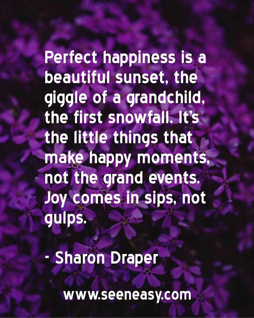 Perfect happiness is a beautiful sunset, the giggle of a grandchild, the first snowfall. It's the little things that make happy moments, not the grand events. Joy comes in sips, not gulps.