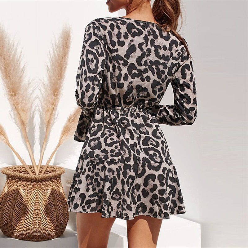 Leopard Print V-neck Long Sleeve Ruffle Women Dress
