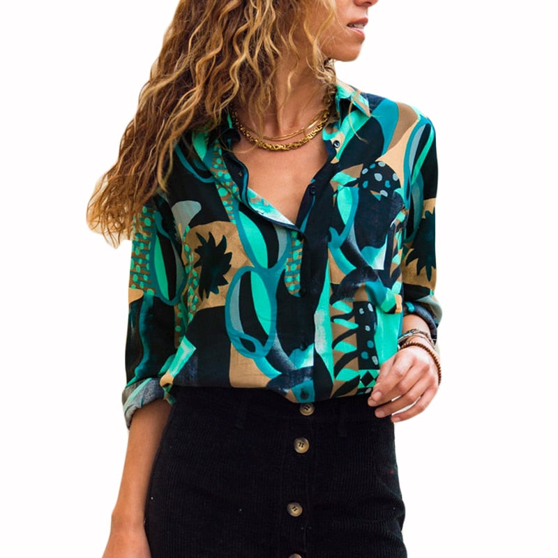 Geometric Print Long Sleeve Turn Down Collar Women Blouse Shirt