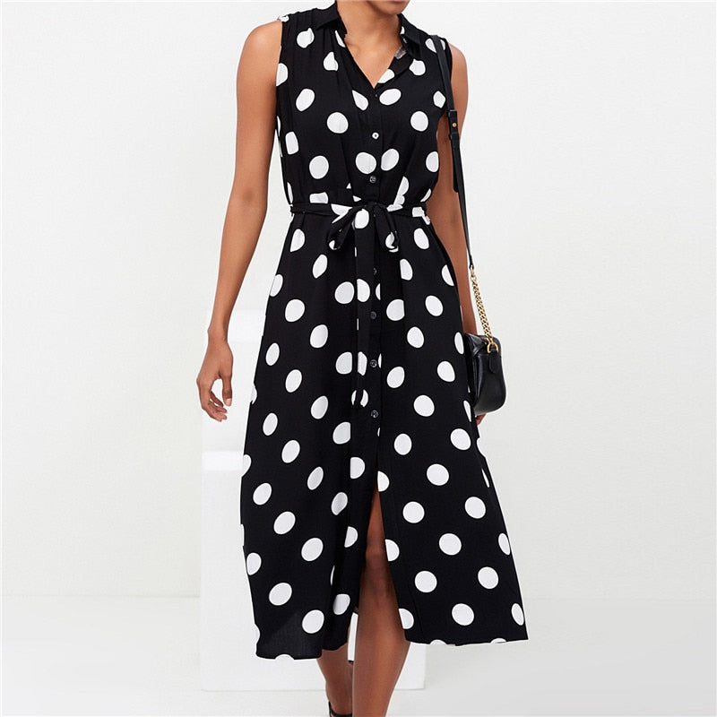 Polka Dot Turn Down Collar Long Women Dress