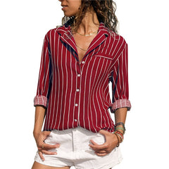 Striped Long Sleeves Turn Down Collar Women Blouse Shirt