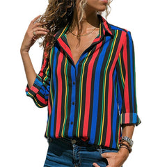 Striped Long Sleeve Turn Down Collar Women Blouse Shirt